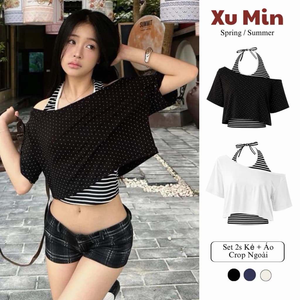 ( Có Tách Set) Áo Thun Cộc Tay Xu Min Dáng Crop + Áo 2s Trendy