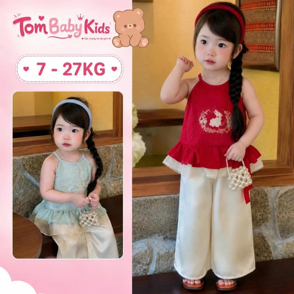 Set yếm bé gái, bộ đồ Trung Thu bé gái Áo Yếm bồng xòe phối quần Lụa xuông cho bé 7-27kg Tom Baby Kids [BTT-148-HN]