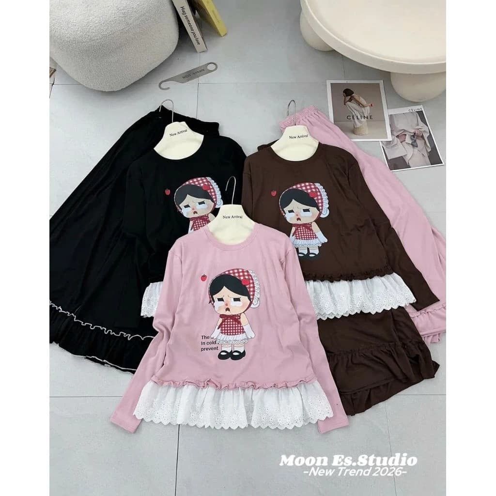 [Mới 2026] Bộ Đồ Mặc Nhà Nữ Dài Tay In Hình Cô Gái Dễ Thương - Set Đồ Ngủ Nữ Thu Đông Áo Phối Bèo Tà Ren Chân Quần Bèo