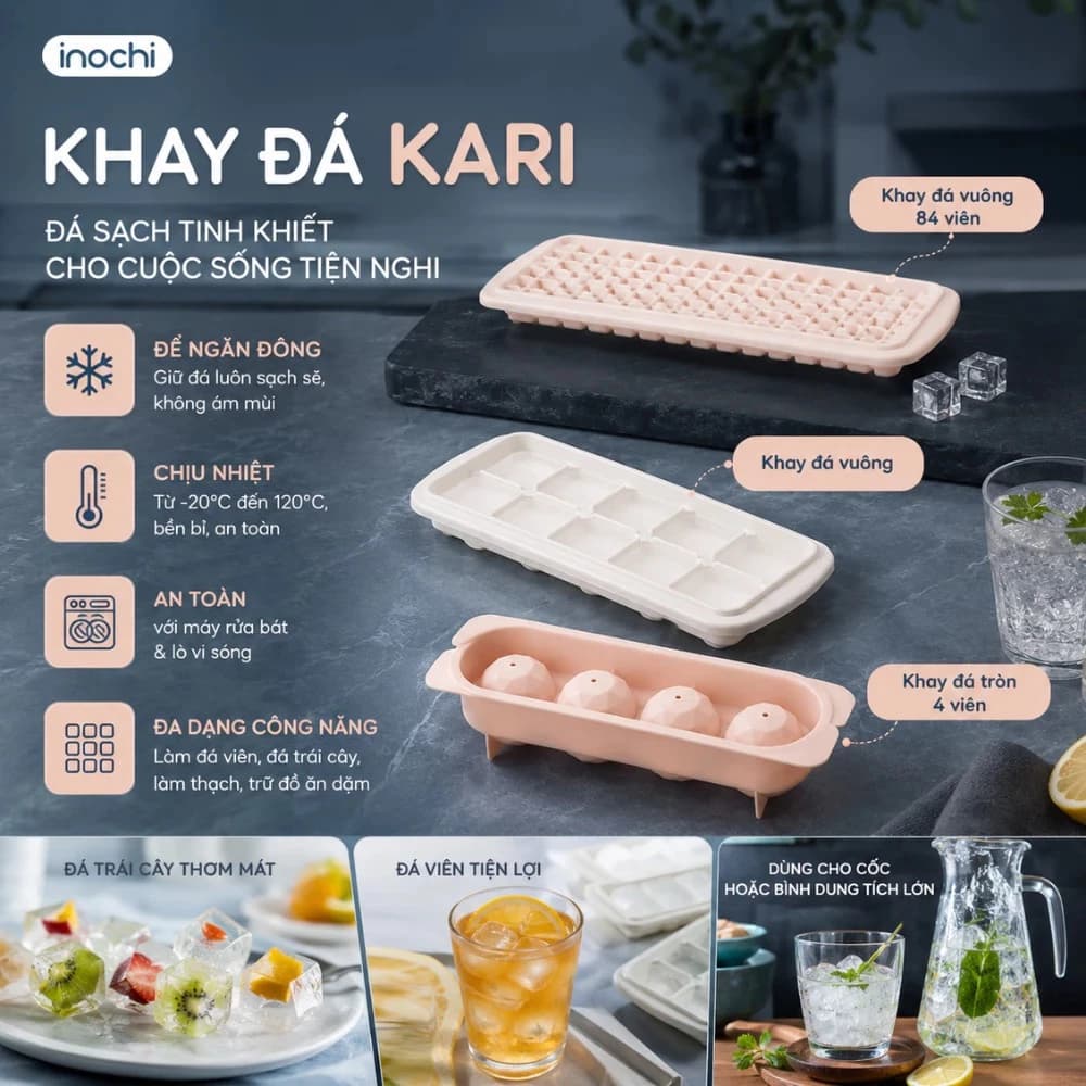 Khay làm đá -có kèm hộp đựng và nắp khử mùi, tủ lạnh đủ loại viên tròn kari inochi