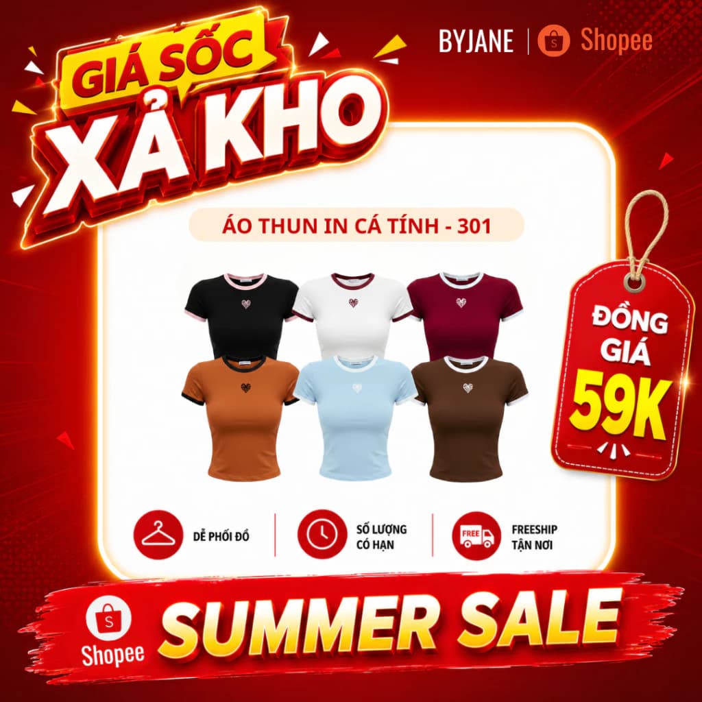 Áo Thun Nữ Viền Màu Ôm Dáng Tay Ngắn Hàn Quốc Co Giãn In Hình Tim BYJANE - 301