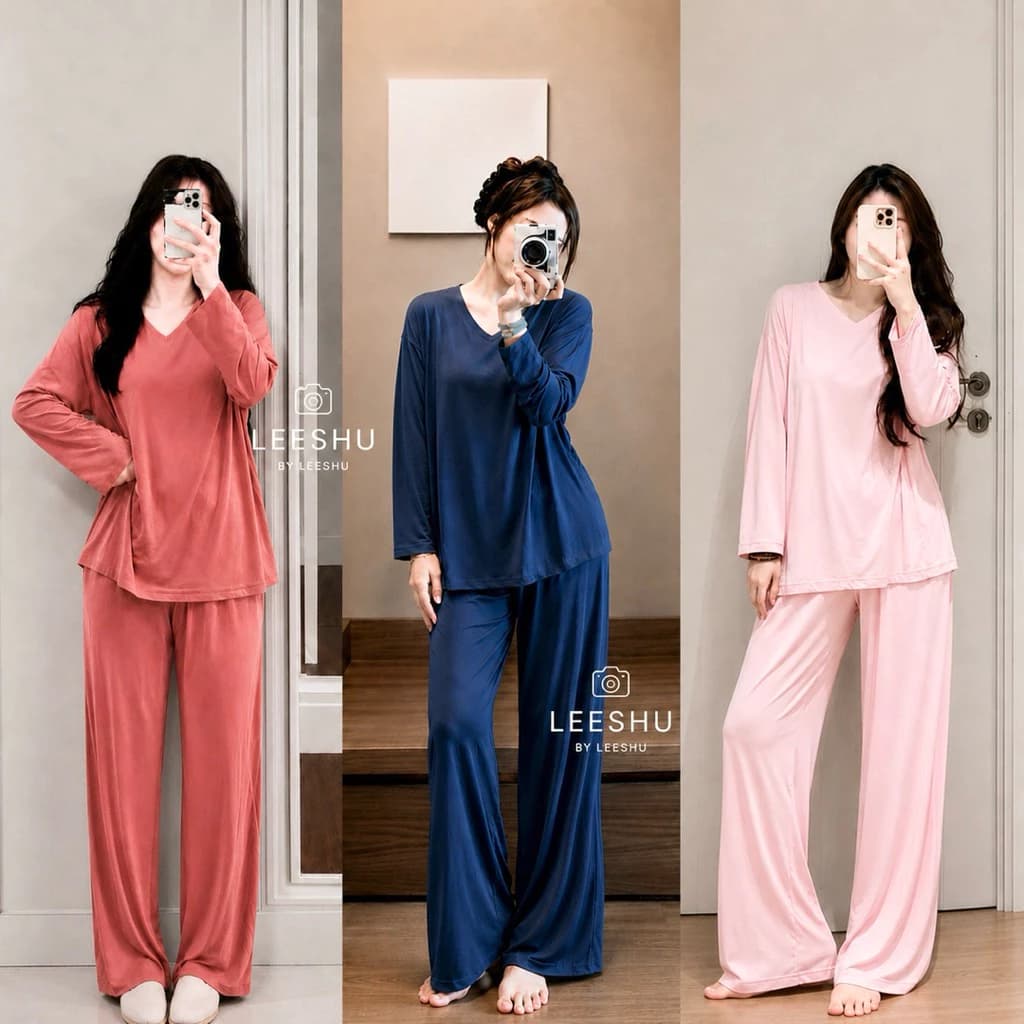 (Vải Đẹp 2026)Bộ thun lạnh tay dài CỔ TIM có Bigsize,Bộ ủ kem áo tay dài quần ống suông rộng Leeshu vải thun lạnh