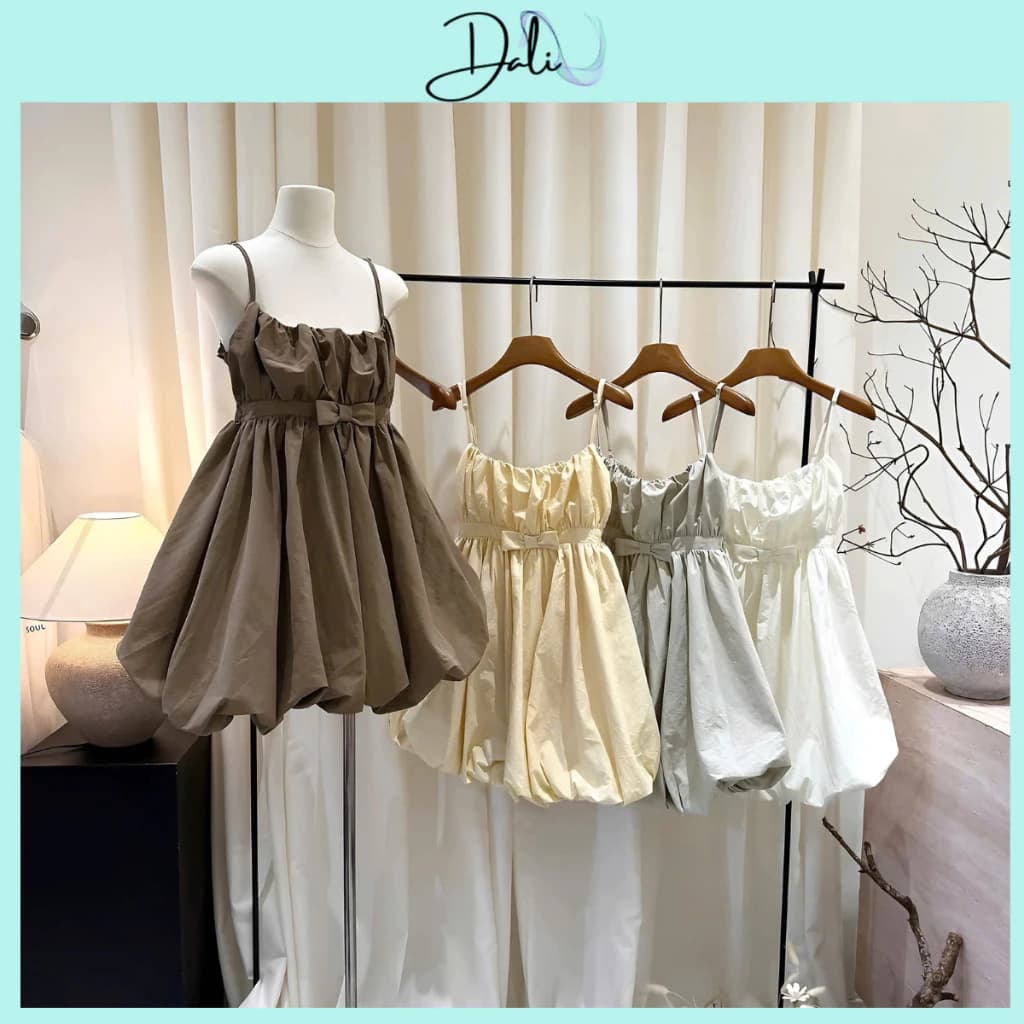 Váy 2 Dây Dúm Nguc Chun Lưng Phối Đai Nơ Dáng Bí Phồng Có Mút Nguc