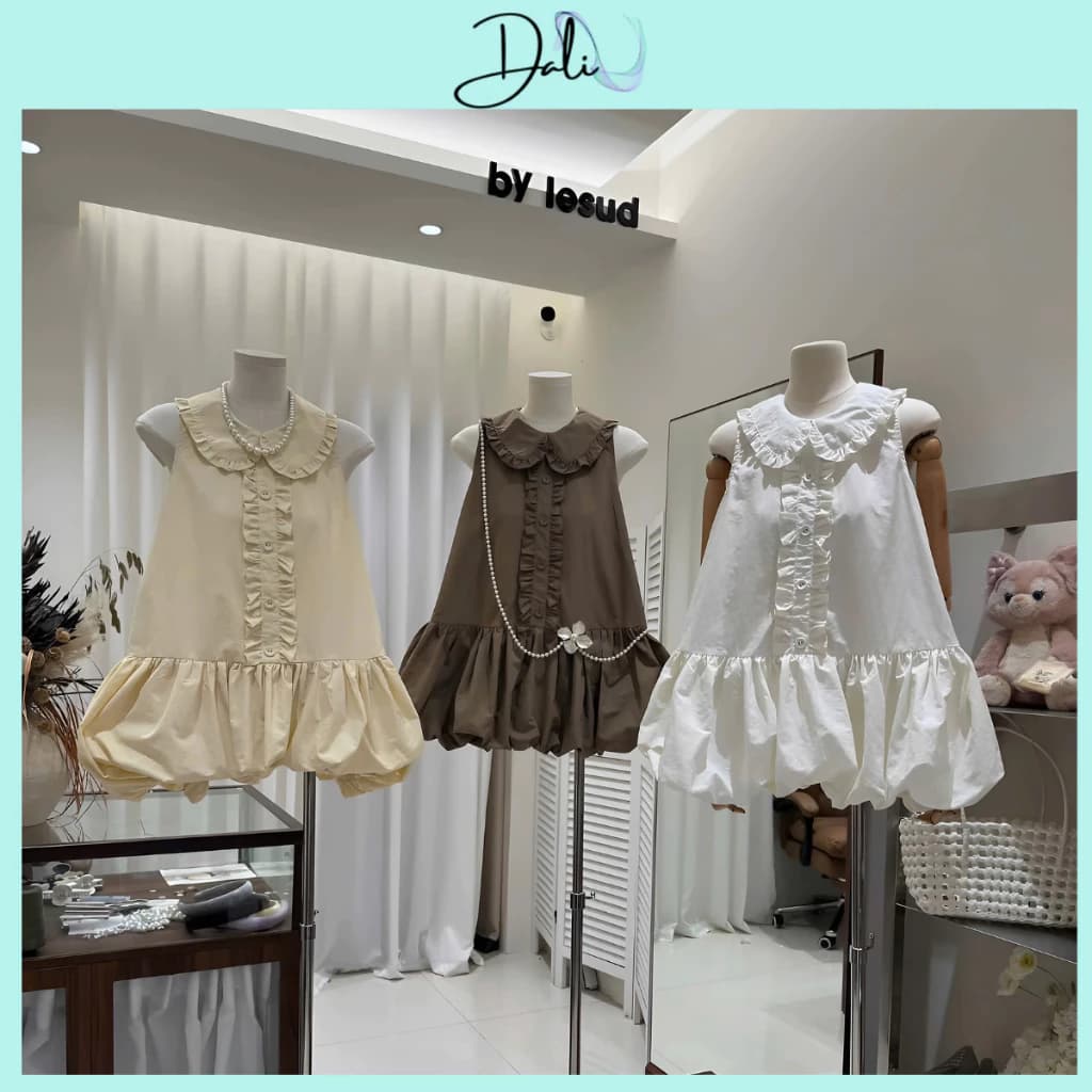 Váy Thô Babydoll Cổ Sen Nhún Bèo Sát Nách Phối Đuôi Bí Bồng