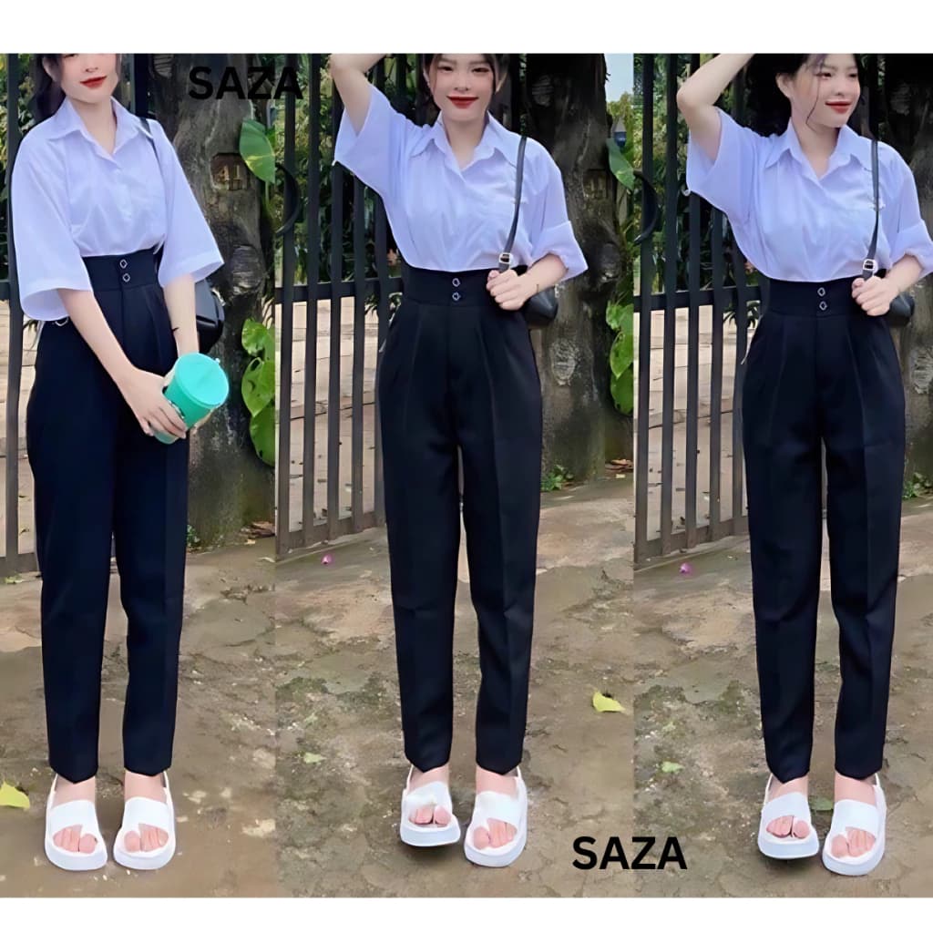 Quần âu quần tây đi học cho nữ 2 nút khuy cúc dọc cài lưng cao dáng quần baggy vải học sinh cấp 3 dày co giãn nhẹ đi học