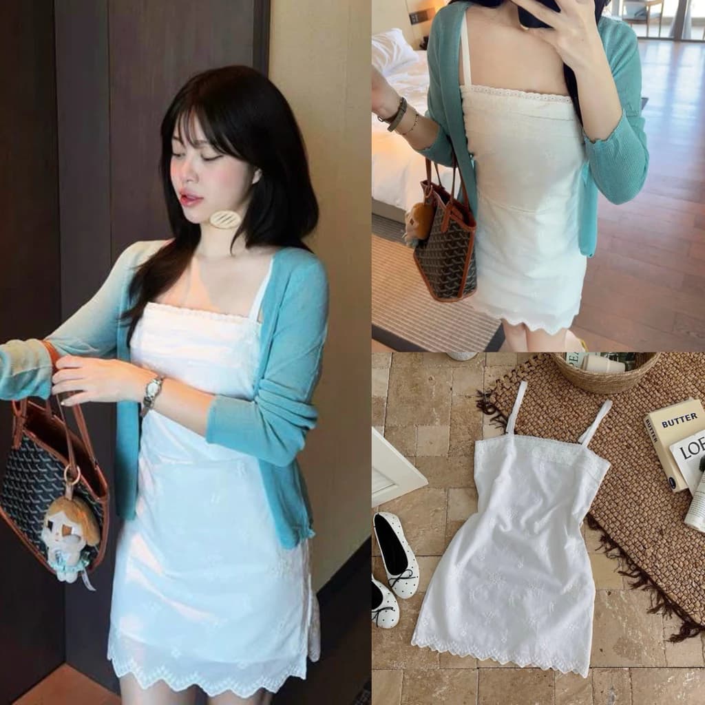 [Hàng Loại 1] Váy 2 dây thô boi thêu hoa viền ren thắt dây nơ dáng suông kèm áo cardigan BELLA DRESS