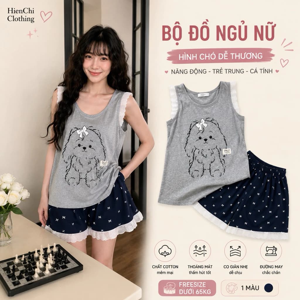 Bộ Đồ Mặc Nhà Nữ Sát Nách Phối Ren Bèo, Set Áo In Hình Chú Chó Cute Kèm Quần Short Nơ Bèo-Phong Cách Hàn Quốc