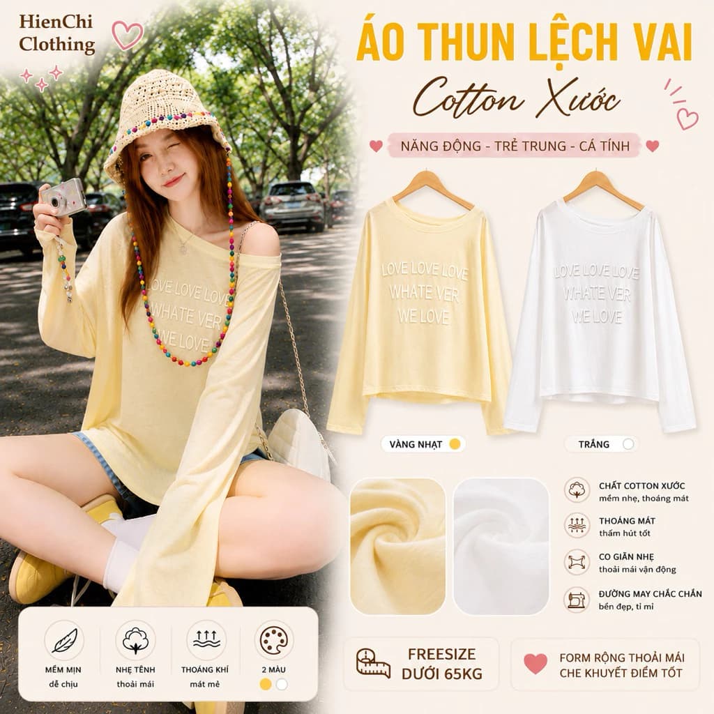 Áo Thun Lệch Vai Nữ Tay Dài Cotton Xước Tàu Hàng Loại 1 In Nổi LOVELOVE, Áo lệch vai dài tay nữ dáng rộng thời trang.