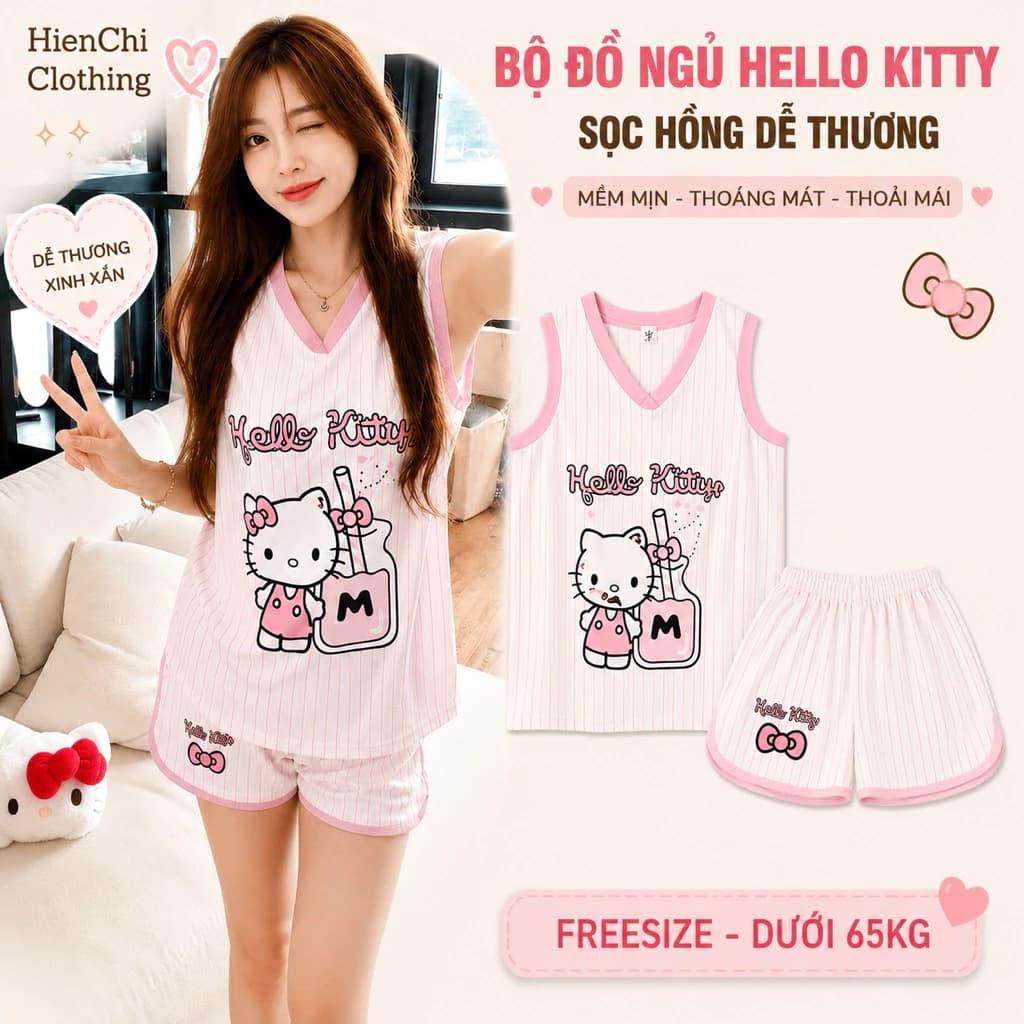 Set Đồ Bộ Nữ Mặc Nhà Tanktop Sát Nách Quần Cộc In Hình Kitty Kẻ Sọc Dễ Thương Chất Cotton Thoáng Mát