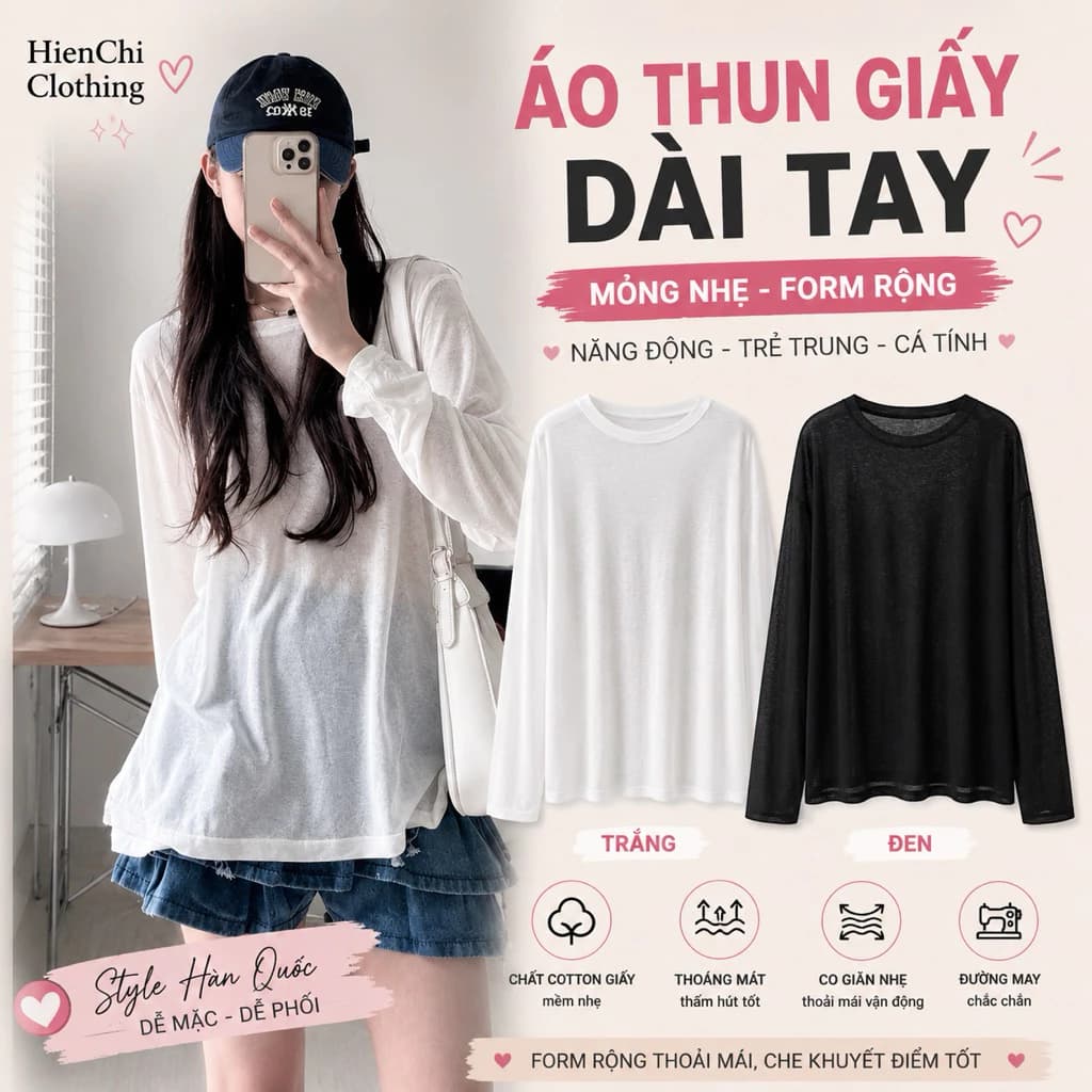 Áo thun giấy dài tay dáng rộng nhiều màu basic phong cách bánh bèo,hàn quốc