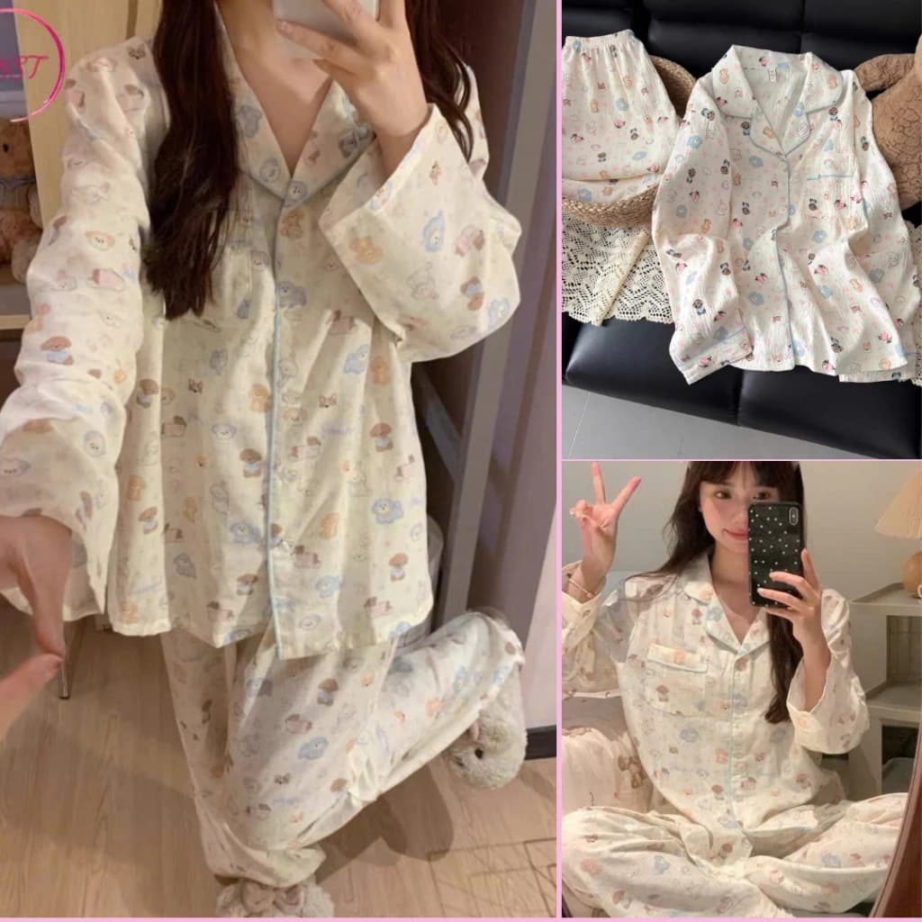 Bộ ngủ dài tay hình cún kem  - Set xinh họa tiết cute nữ măc nhà thoáng mát B59