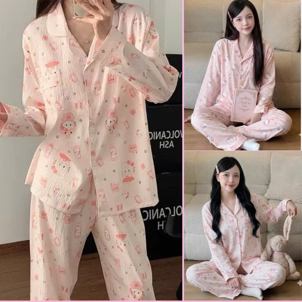 Bộ đồ nữ họa tiết kiity hồng siêu xinh  - Set đồ mặc đi ngủ áo kiểu kèm quần ống rộng B59