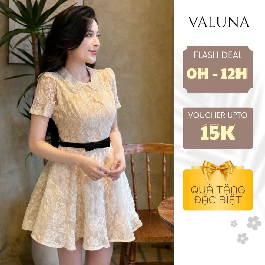 Váy ren hoa cổ sen tay ngắn phối nơ eo dáng xòe tiểu thư thanh lịch cao cấp VALUNA STORE 2725