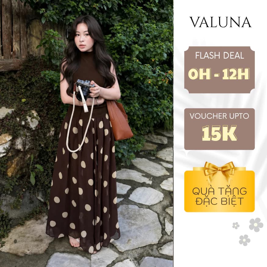 Set váy maxi chấm bi phối áo cổ lọ sát nách thắt lưng eo dáng dài thanh lịch cao cấp VALUNA STORE 2727