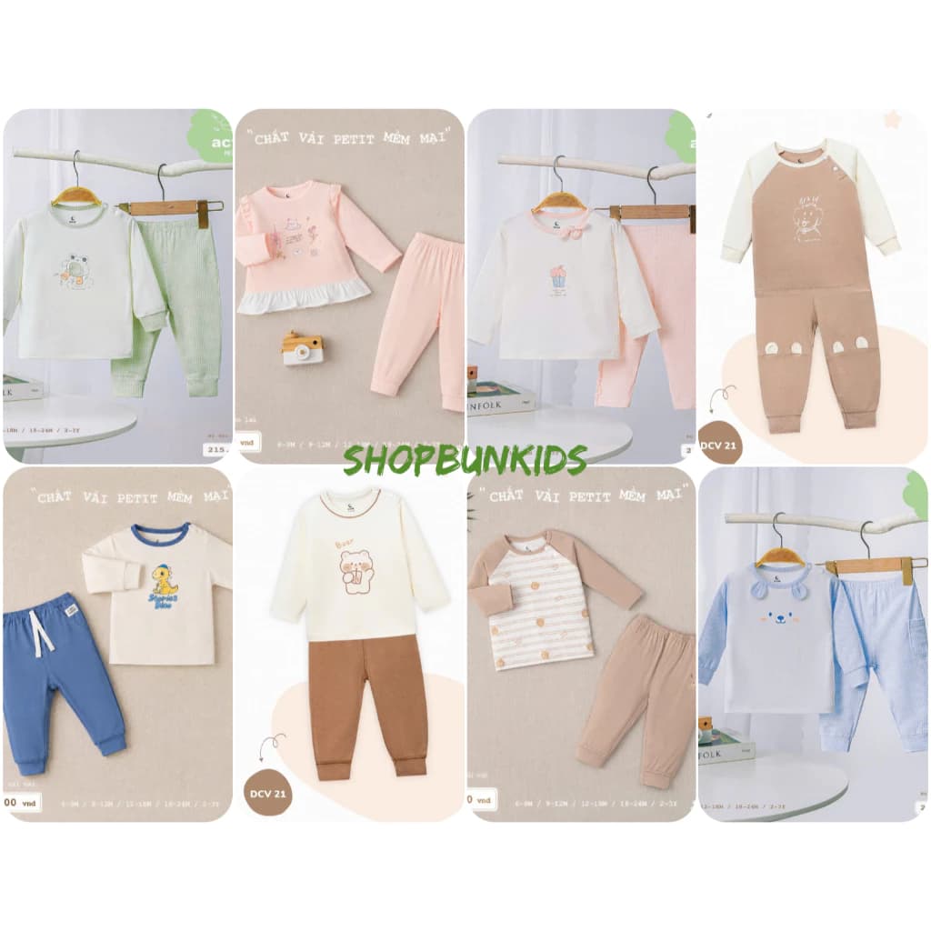 Bộ dài mỏng tay cài vai chui đầu MOON bé trai bé gái từ 6 tháng  4 tuổi vải petit mềm mỏng mát mặc nhà điều hòa