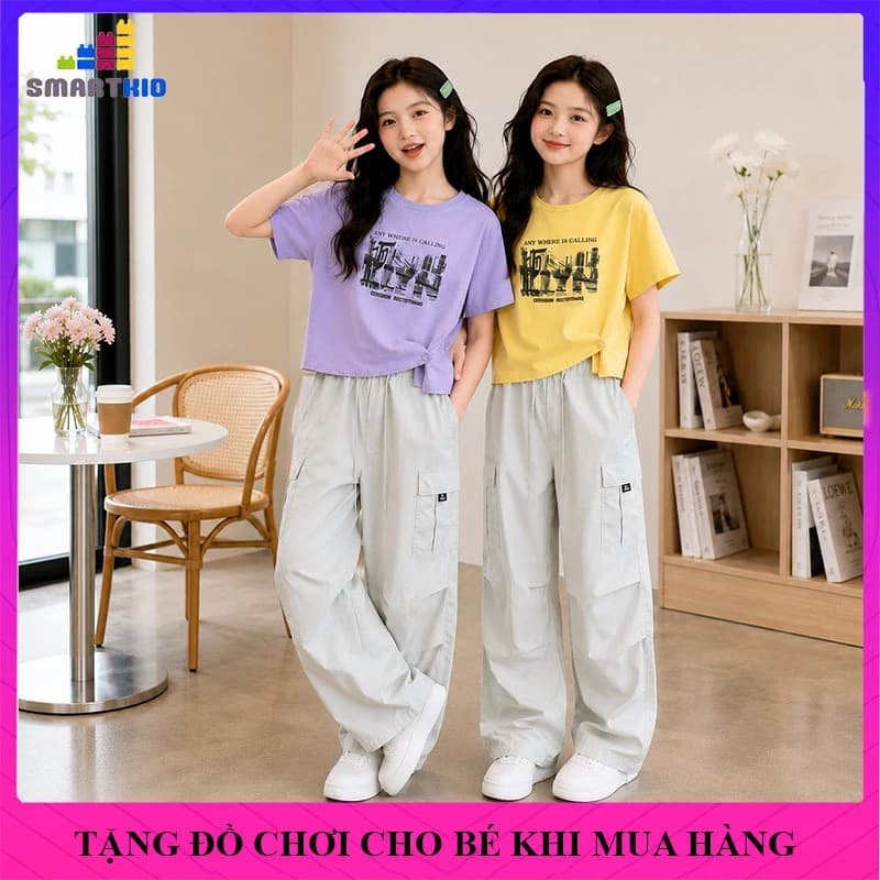 [18-50kg] Quần áo trẻ em mẫu ANY, bộ đồ ngắn tay mùa hè cho bé gái, chất liệu thun cotton 4 chiều, đồ bộ bé gái cộc tay