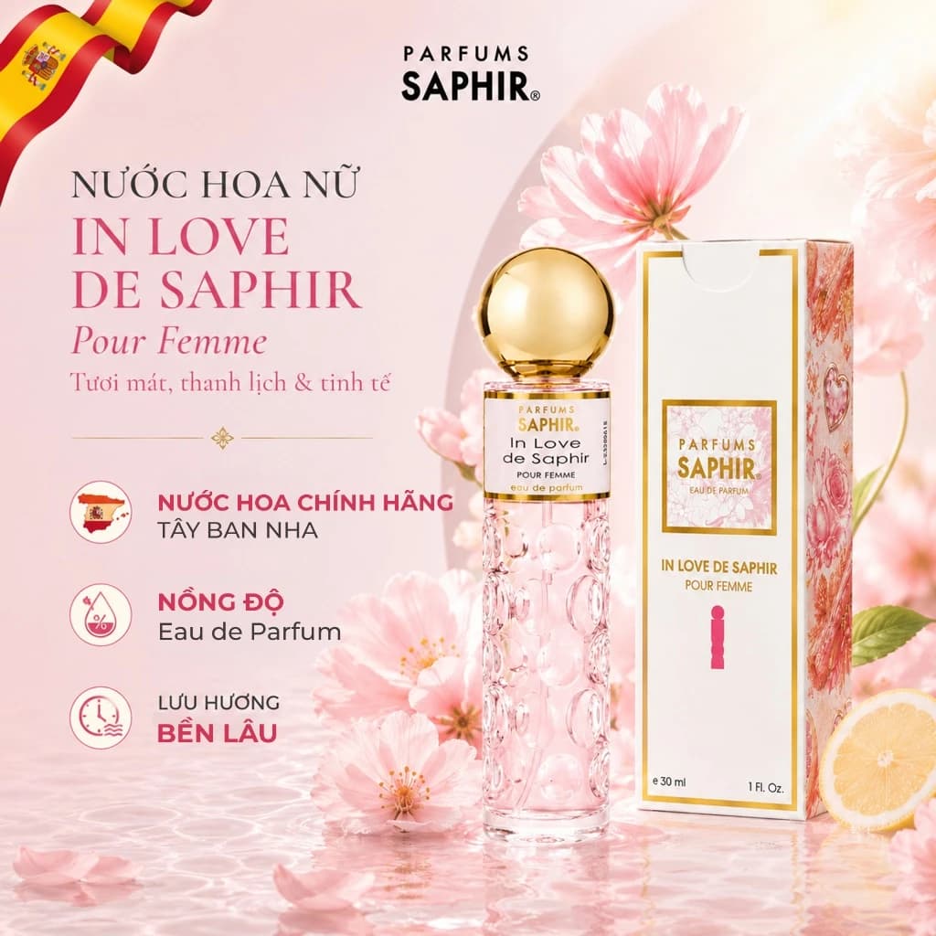 Nước Hoa Nữ Parfums Saphir In Love Hương Trái Cây Thanh Lịch Tinh Tế Lưu Hương Bền Lâu 30ml