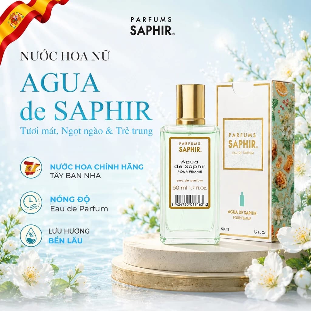 Nước Hoa Nữ Parfums Saphir Agua De Saphir Hương Trái Cây Trẻ Trung Tươi Mát Lưu Hương Bền Lâu 50ml