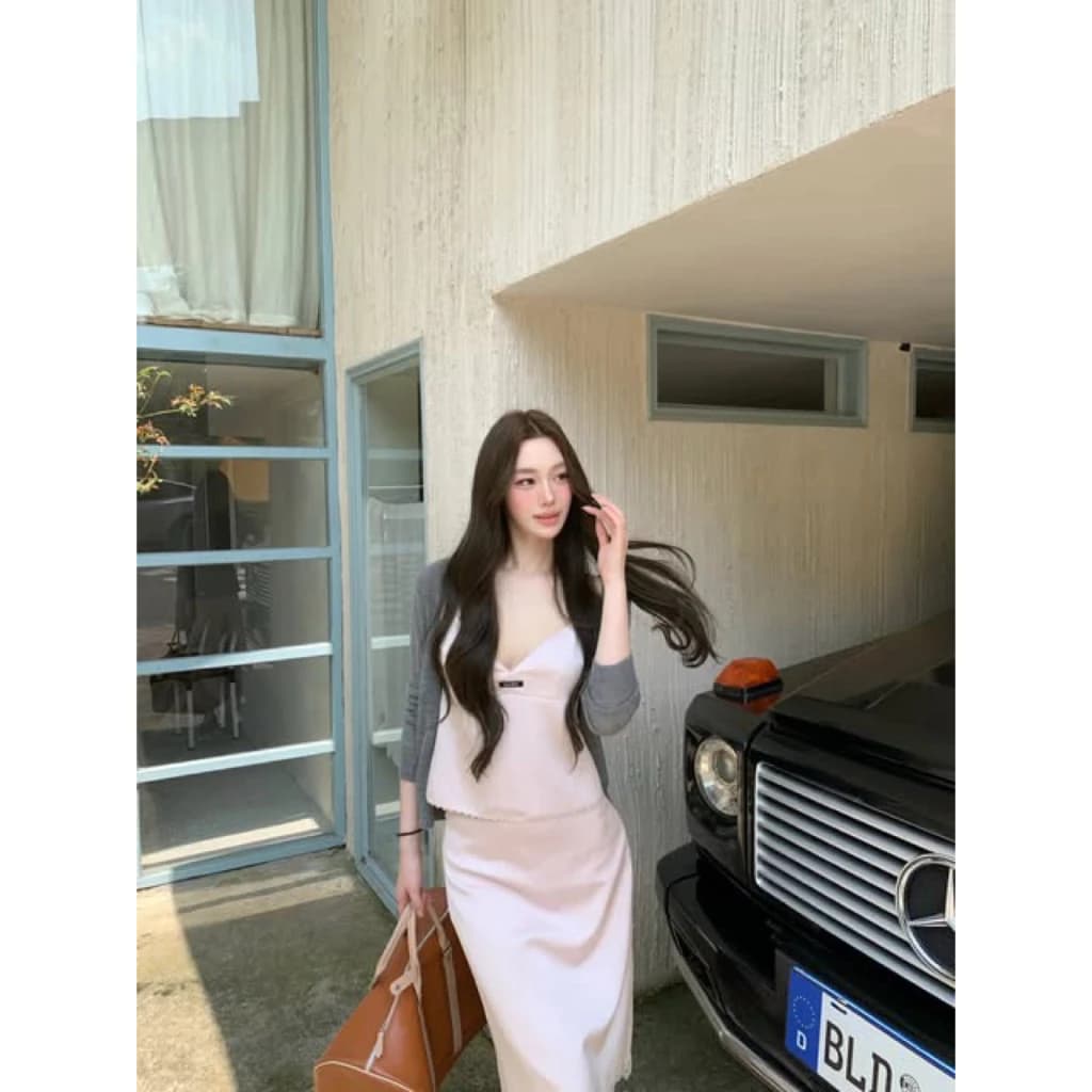 TIBU - Set Áo Hai Dây Lụa Chân Váy Viền Ren Phối Áo Khoác Cardigan Sang Chảnh Đi Chơi Dạo Phố B790