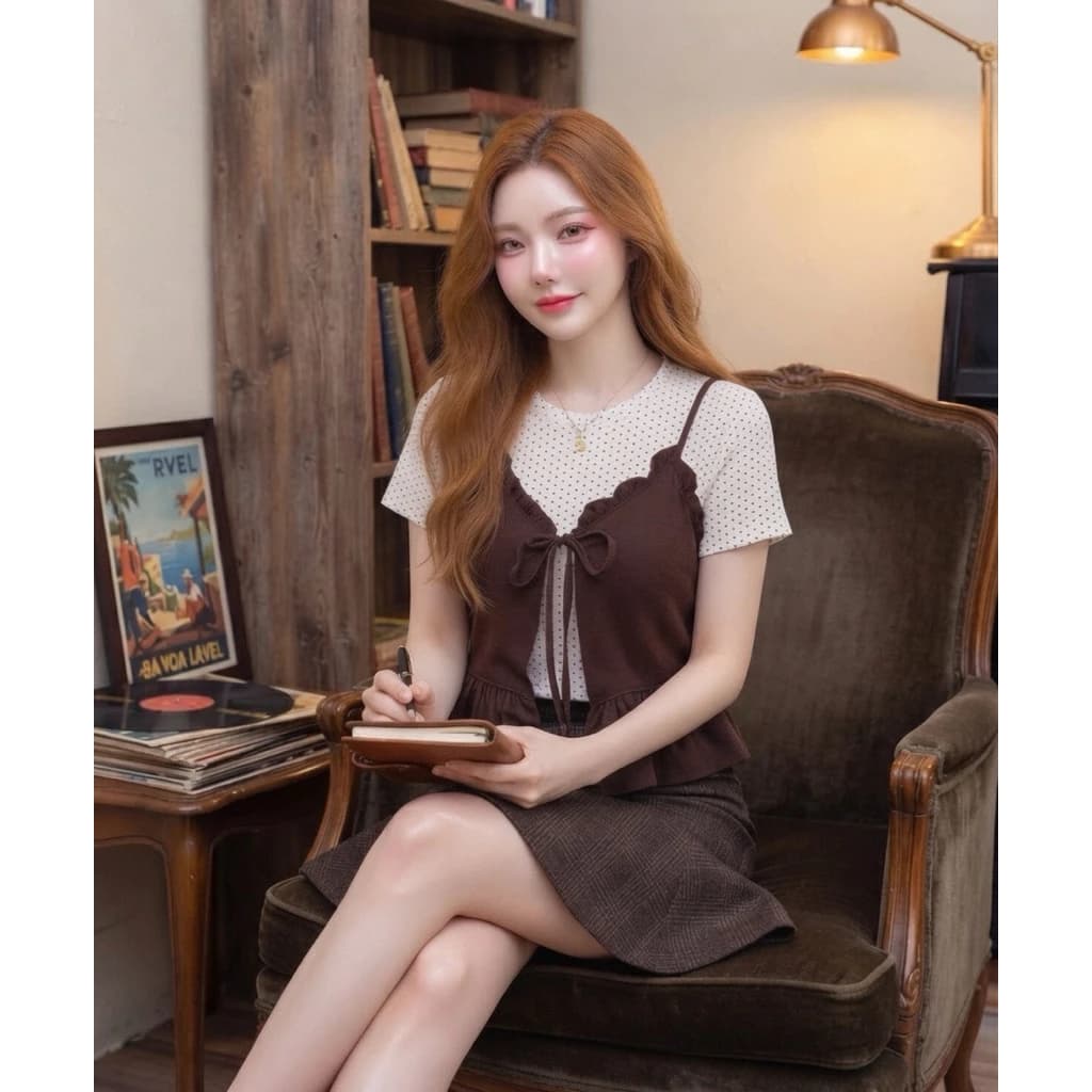 ✨ SET ÁO THUN CHẤM BI PHỐI 2 DÂY CỘT NƠ BÁNH BÈO ✨