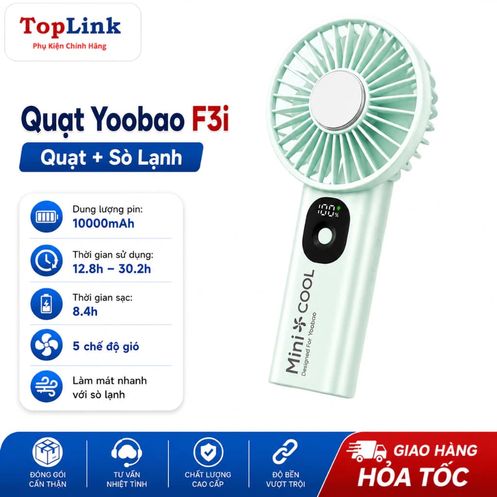 Quạt Tích Điện Cầm Tay Mini Yoobao F3i 10000mAh Có Sò Lạnh 5 Mức Gió Hiển Thị Pin LED Làm Mát Nhanh Bảo Hành 1 Năm