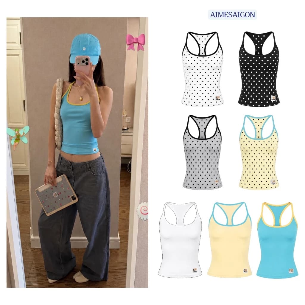 [SẴN HOẢ TỐC] Aimesaigon Áo Thun Tanktop Ba Lỗ Phối Viền Borip Chấm Bi Polka Dots Mùa Hè Ôm Tôn Dáng Mềm Mịn - AKIEU03