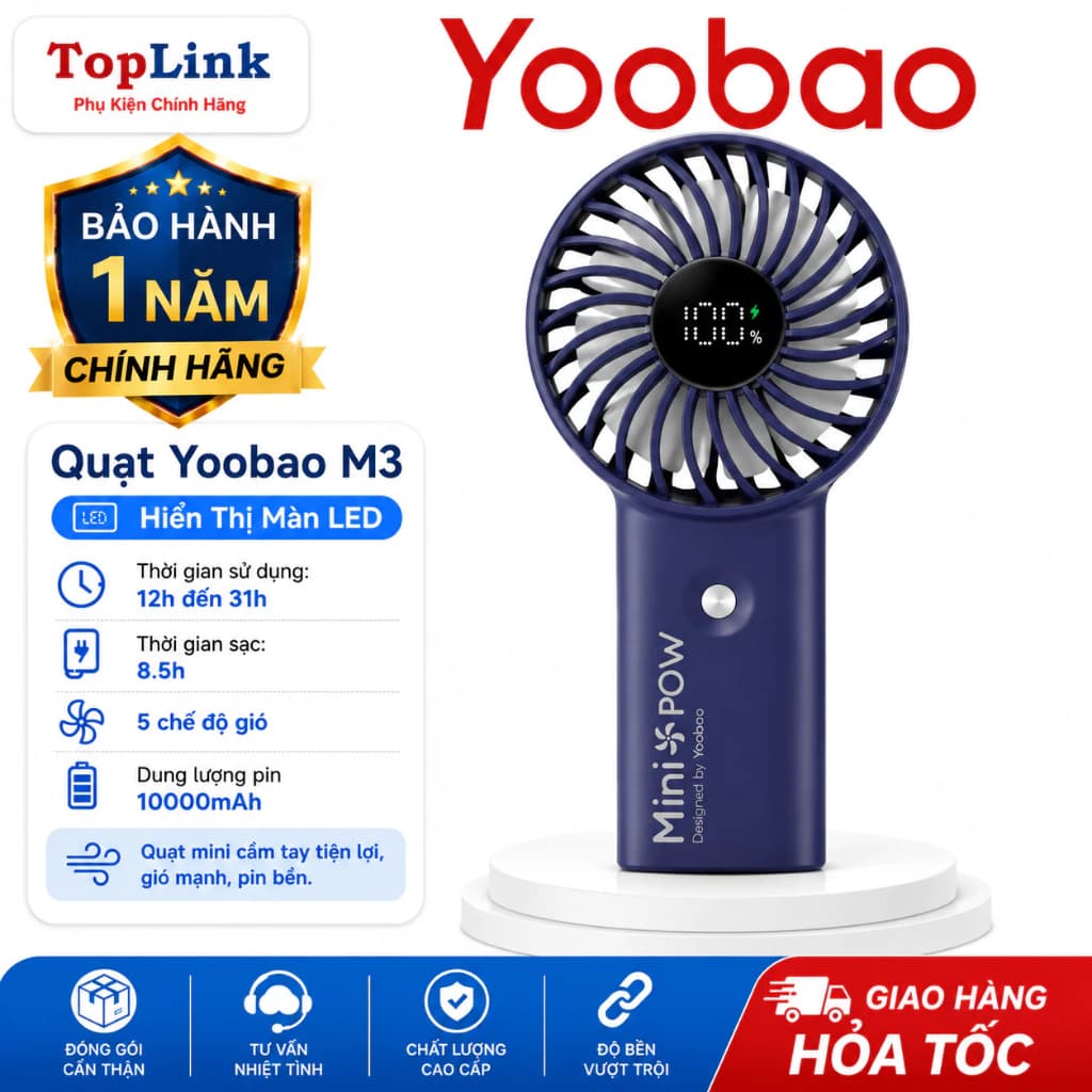 Quạt Tích Điện Mini Cầm Tay Yoobao M3 10000mAh Có Chứng Chỉ CCC Gió Mạnh, Pin Khủng, Dùng Đến 31 Giờ