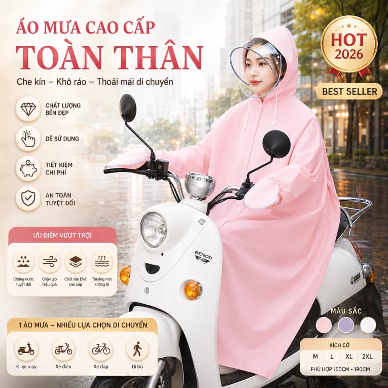 Áo Mưa Nữ Toàn Thân Xe Máy Điện EVA Chống Thấm Có Khóa Kéo Cúc Bấm Đeo Cặp Gấp Gọn Phản Quang
