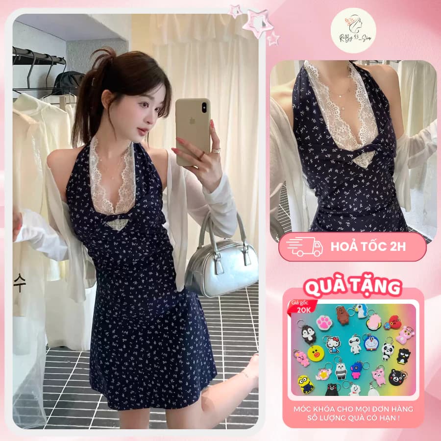 Váy 2 Dây Hoa Nhí Cổ V Dáng Xòe Kèm Áo Cadigan mỏng, Đầm 2 Dây Dáng Ngắn Kèm Áo Trắng Siêu Xinh