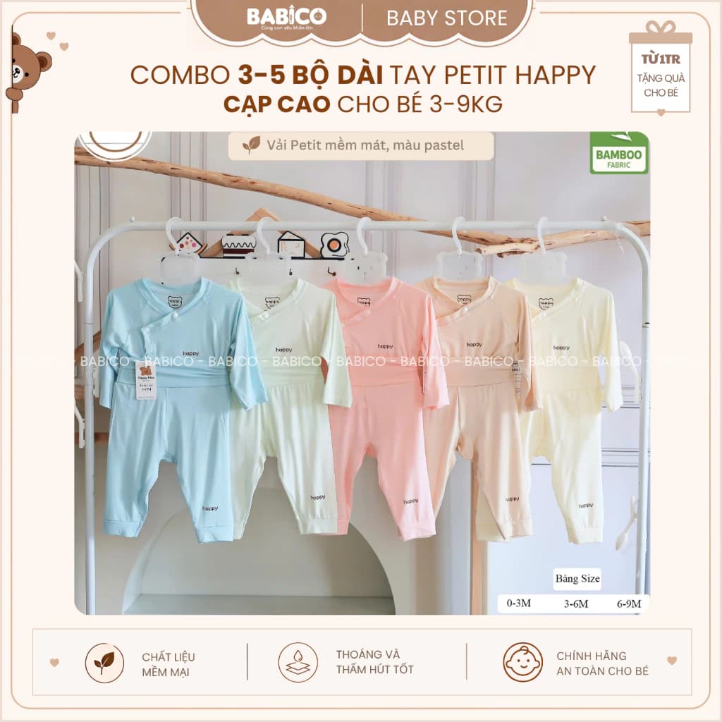 Combo 3-5 Bộ Quần Áo Sơ Sinh Dài Tay Happy Cạp Cao Màu Chất Vải Petit Bamboo Mềm Mát Cho Bé 3-9Kg