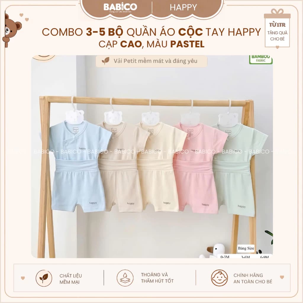 Combo 3-5 Bộ Quần Áo Sơ Sinh Cộc Tay Happy Cạp Cao Màu Pastel Chất Vải Petit Bamboo Mềm Mát Cho Bé