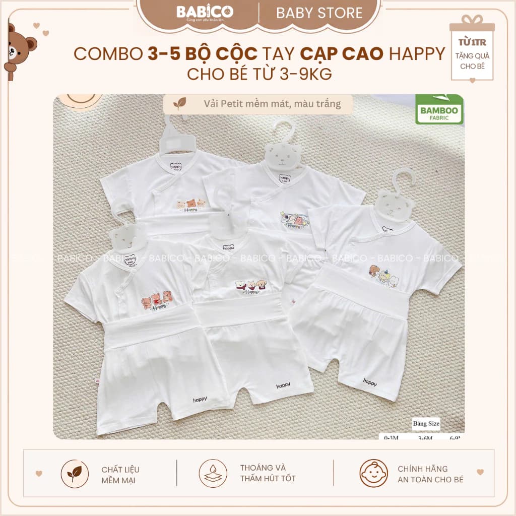 Combo 3-5 Bộ Quần Áo Sơ Sinh Cộc Tay Happy Cạp Cao Chất Vải Petit Bamboo Mềm Mại Cho Bé 3-9Kg