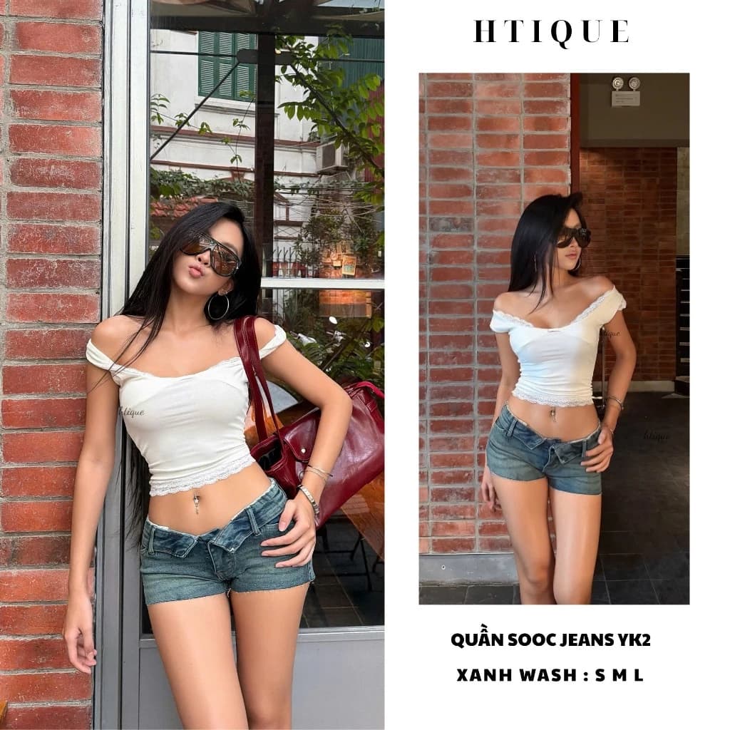 HTIQUE - DEAL mở bán Quần Short Jeans gập Cạp ngắn cá tính , Quần Jean Ngắn Tôn Dáng Phong Cách Y2K năng động QB47