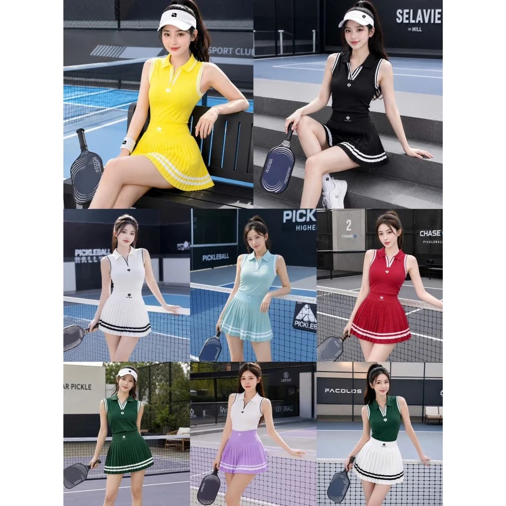 [PICKLEBALL HOT] Bộ thể thao nữ, áo sát nách mix váy xếp ly chơi pickleball, cầu lông, thể thao,...