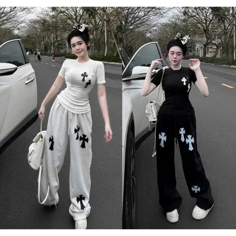 Set Bộ Nữ Áo Thun Ôm Quần Suông Ống Rộng Họa Tiết Thánh Giá Cross Y2K Streetwear Hàn Quốc Form Đẹp Hot Trend