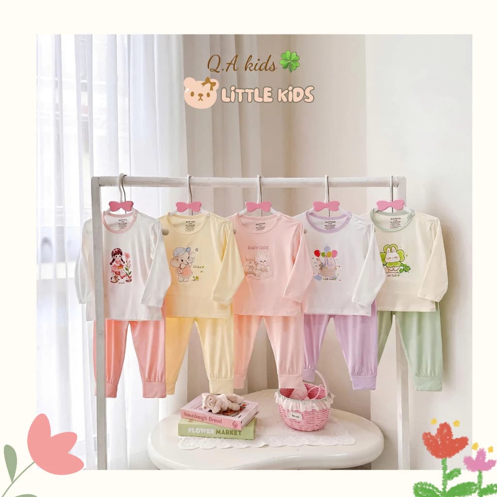 Bộ Dài Tay Bé Gái Vải Petit Quảng Châu Cao Cấp, Bộ Dài Tay Cài Vai Bo Gấu Phối Hình Cho Bé Từ 6 - 16kg