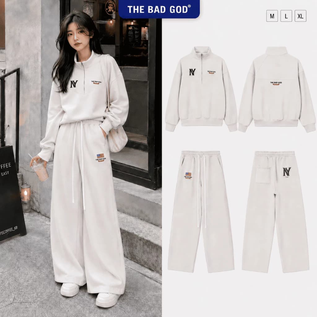 Bộ Quần Áo Nữ Nỉ Nhung Thu Đông The Bad God Ivory Mark Áo Sweater Phối Quần Dài