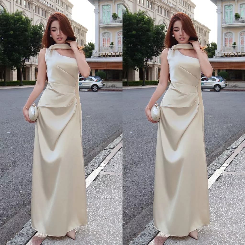 Đầm Lụa Dự Tiệc Dáng Dài Sang Chảnh NV653 Váy Lụa Dự Tiệc Cưới Tà Chéo Cổ Sang Trọng Nữ Women Dress