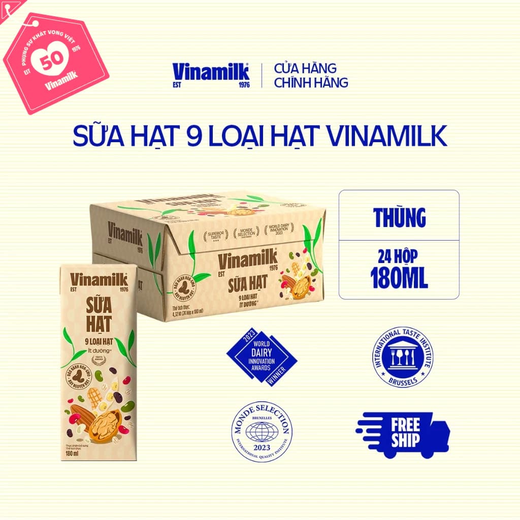 Thùng 24 hộp Sữa hạt 9 loại hạt Vinamilk ít đường - hộp 180ml