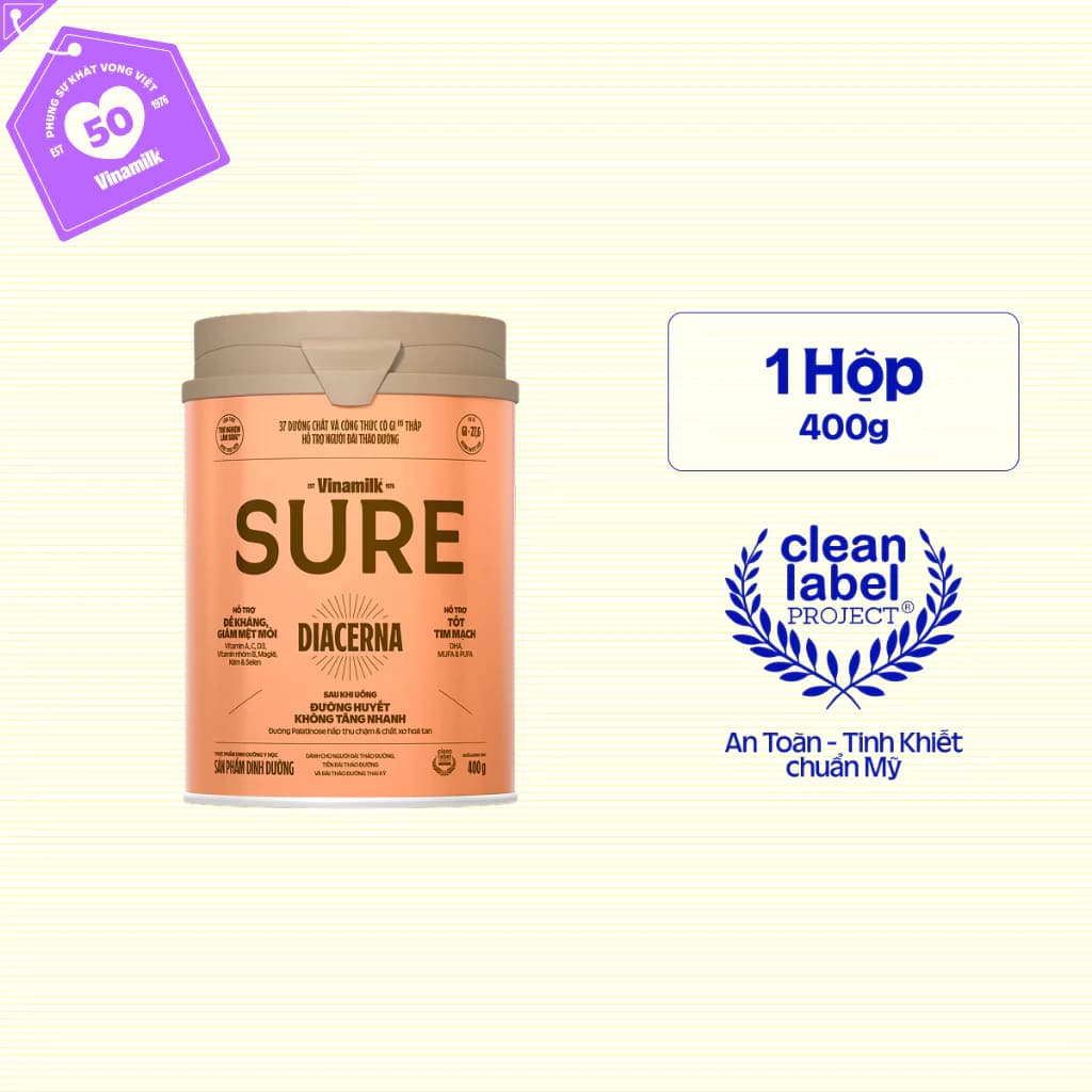 Hộp Sữa bột Dành cho người tiểu đường Vinamilk Sure Diacerna - Hộp thiếc 400g
