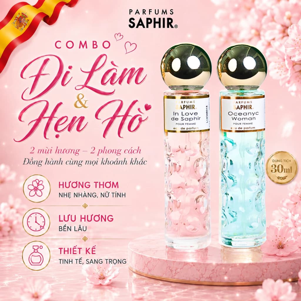 [Combo Đi Làm&Hẹn Hò] Nước Hoa Nữ Saphir Parfums Cao Cấp Tây Ban Nha Hương Thơm Ngọt Ngào, Quyến Rũ