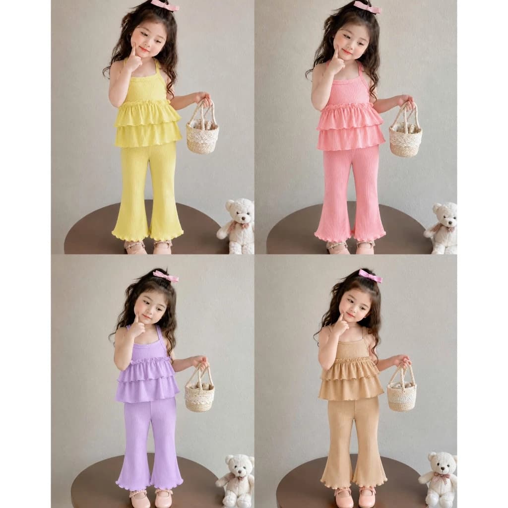 Set Bé Gái Áo Hai Dây Bèo 2 Tầng Phối Quần Loe Vải Gân Cao Cấp Cho Bé Từ 1-6 Tuổi