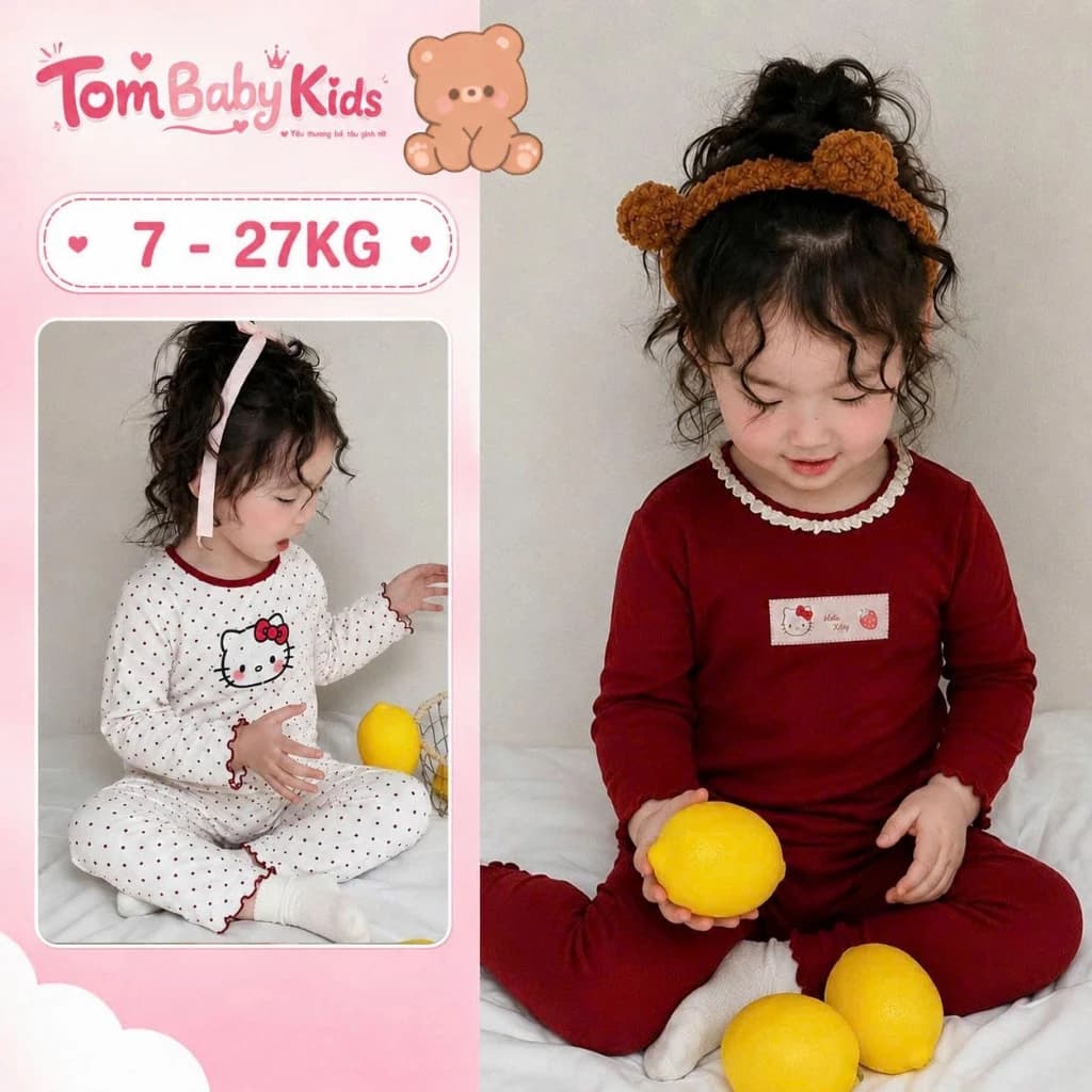 Set bộ bé gái thu đông, đồ bộ bé gái dài tay chất Zip Hàn mềm mịn họa tiết bèo nhún Hello Kitty cho bé 7-27kg (THU-050)