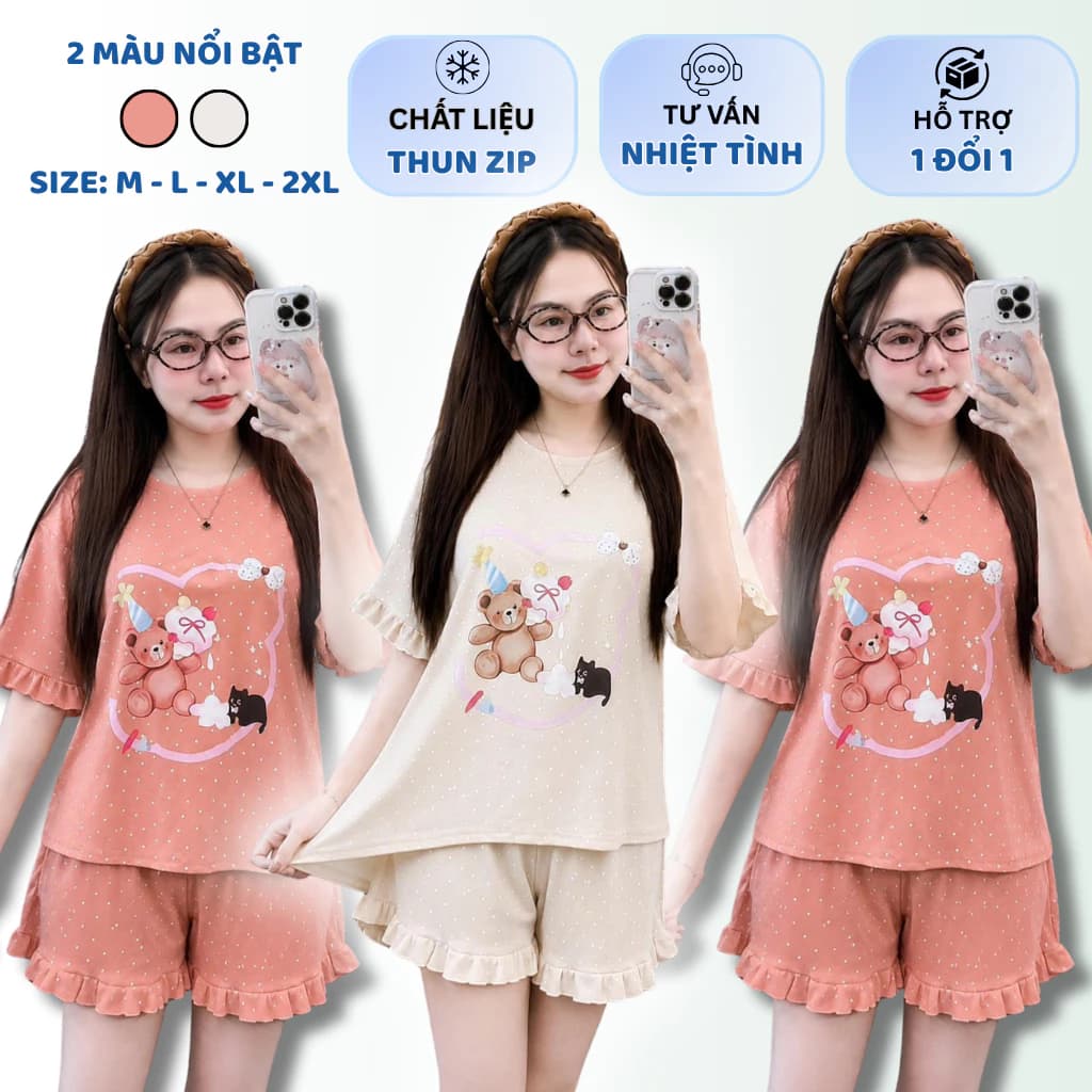 [GIÁ XẢ KHO] SÉT ĐÙI THUN HÈ, ĐỒ NGỦM, ĐỒ BỘ MẶC NHÀ ĐÙI ZIP CHẤM BI BÈO IN GẤU PHỐI TAY BÈO DỄ THƯƠNG CO GIÃN THOẢI MÁI