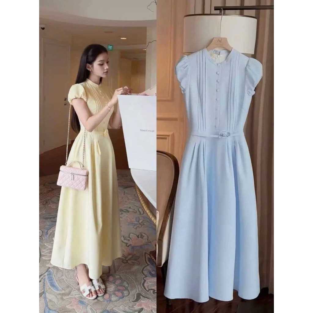 Đầm Midi Cổ Trụ Xếp Ly Eo Hoa Thanh Lịch - CELIE