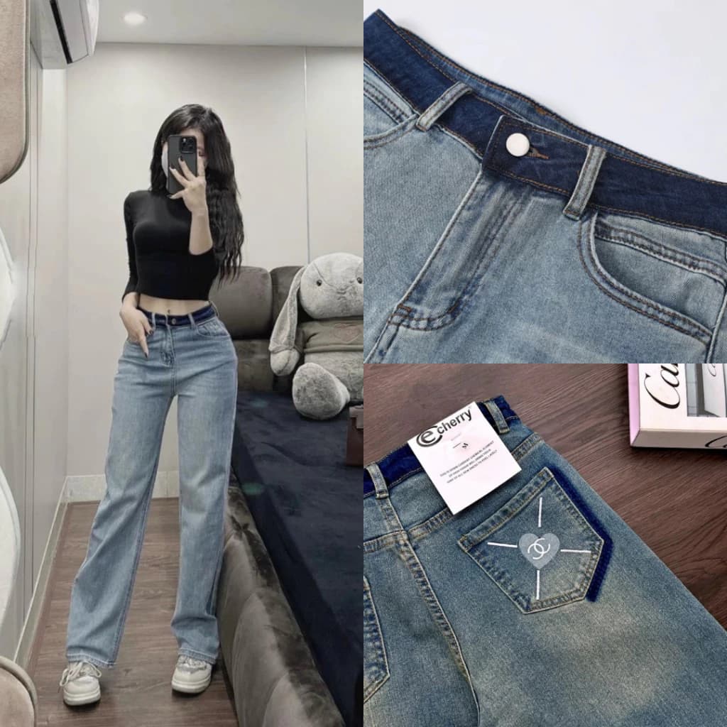 Quần jean nữ ống rộng trơn lưng cạp cao Midori Shop Quần jean suông xanh jean mềm co dãn LD04