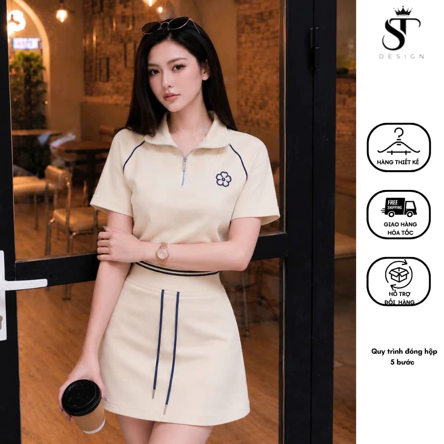 (Vải nhập QC) Set thể thao khóa kéo Áo polo + chân váy dáng A tôn dáng - ST Design - k100