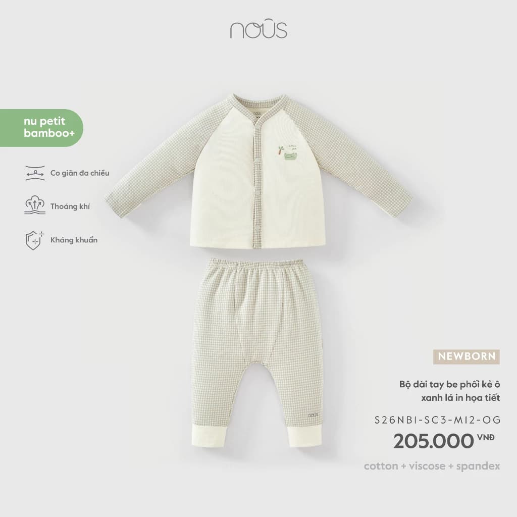 Nous Newborn Bộ quần áo dài cài cúc in họa tiết nhỏ nhắn cho bé sơ sinh bamboo pettit mềm nhẹ cho bé dưới 5.5kg BST T8