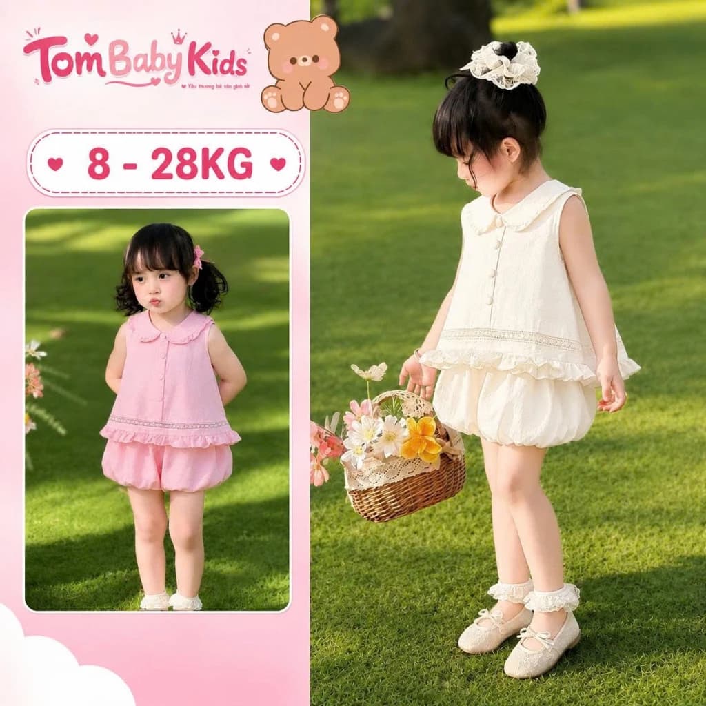 Set đồ bé gái bộ ĐŨI BÈO nhún khuy Bọc, phối quần bí bồng cho bé gái 8-28kg Tom Baby Kids [B-144-HN]