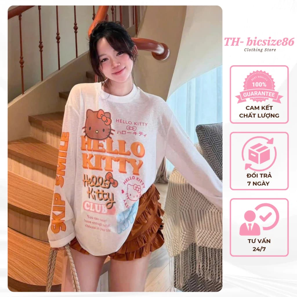 Set áo thun giấy cổ tròn in mèo hello kitty 2 mặt mix chân váy cam bồng xếp tầng